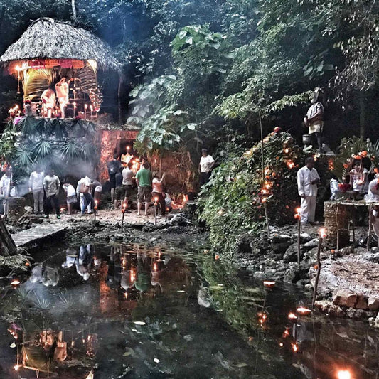 Cenote in Mexico decorated for Hanal Pixan celebtration 
